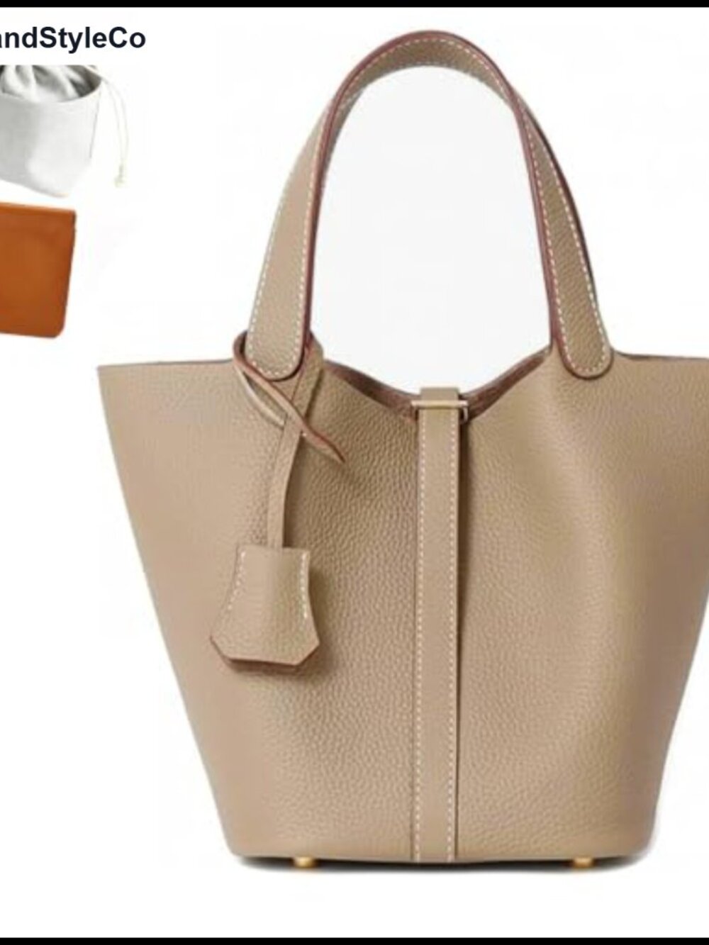 Genuine Leather Bucket Bag Tote with Lock Design Women's Handbag
